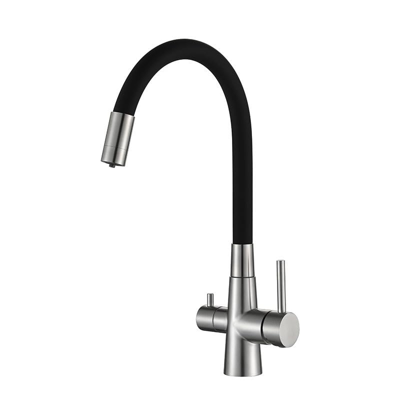 Grifo de filtro de agua de 3 vías, grifo mezclador de fregadero de acero inoxidable, grifo mezclador de cocina de 1 agujero, boquilla giratoria, 2 salidas de agua, grifo mezclador cepillado para