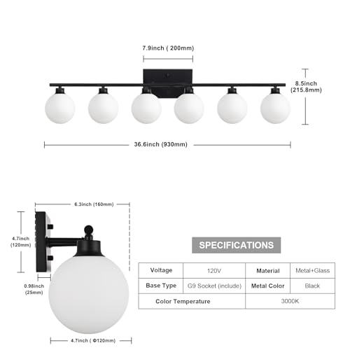 Image of Yaohong 6-Light Matte Black Bathroom Vanity Light Fixtures Over Mirror Mid Century Modern Light Fixture with Milk White Glass Globe Wall Sconce (Included Bulb)