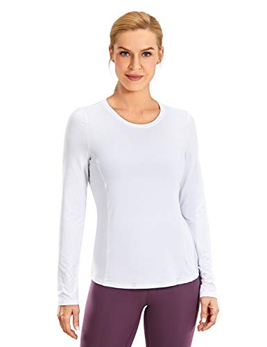 CRZ YOGA Women's Loose Fit Yoga Shirts Long Sleeves Soft Running Clothes Mesh Back Workout Tops White Medium