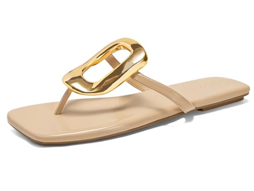 Image of Coutgo Womens Flat Sandals Comfortable Flip Flops Slide Sandals Summer Beach Shoes with Metal Decoration