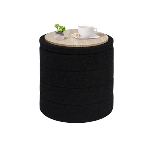 PINPLUS Puff con Almacenaje, Redondo Taburete Baúl Plegable con Tapa Reversible, 43x43x45 cm para Salón, Dormitorio y Pasillo, Negro
