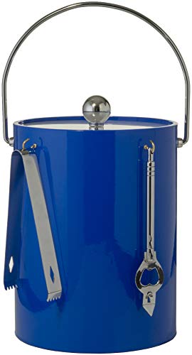 Hand Made In USA Blue Double Walled 5-Quart Insulated Ice Bucket With Ice Tongs & Bottle Opener