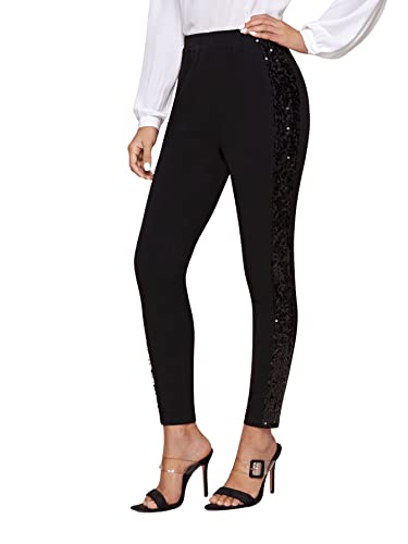 SweatyRocks Women's Elegant High Elastic Waist Sequins Pants Solid Skinny Cropped Pants3