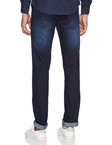 Image of CAHOOT Men's Classic Blue Dark-Washed Distressed Side Striped Regular Fit Denim Jeans | Mid-Rise Stretchable Cotton Denim Jeans Crafted with Comfort Fit & High Performance for Everyday Wear