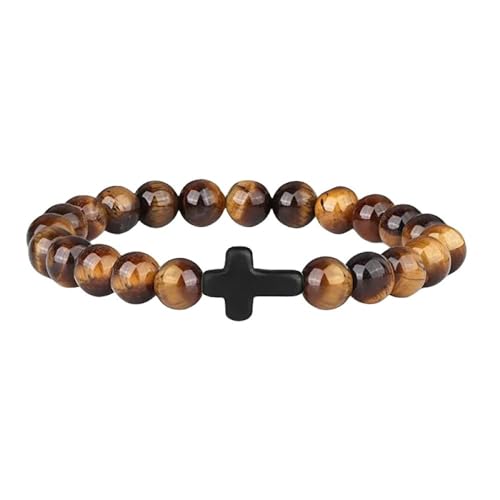 YONGHONGKEJI Bracelet De Pierres Précieuses avec Cristaux De Chakra 8 Mm Œil De Tigre Naturel Croix Perles Extensibles Porte-Bonheur D'Été pour Femmes Et Hommes Bijoux Cadeau