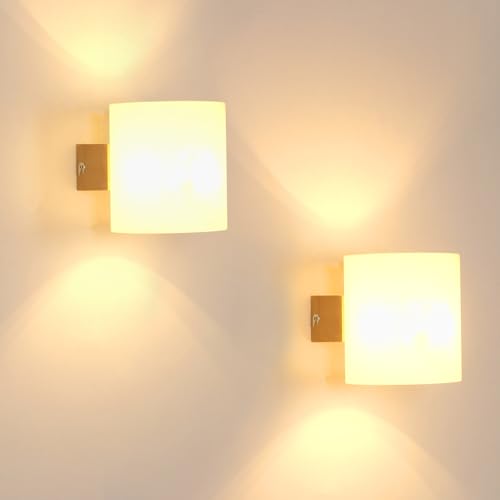 Mckalen Aplique de Pared Interior de Madera, 2 Piezas Lámpara de Pared E27 con Pantalla de Vidrio, Luz de Pared para Dormitorio, Pasillo, Escalera (Bombillas no Incluidas)