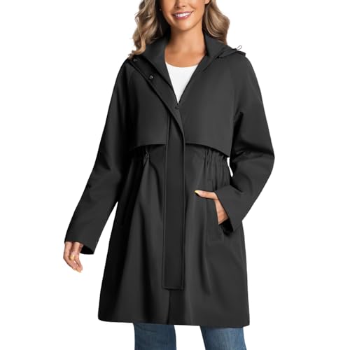 Trench Jackets for Women Lightweight Waterproof Detachable Hood Coat Windbreaker Long Sleeve Raincoats with Belt