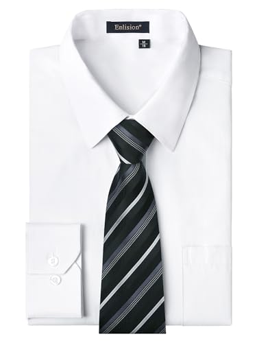 Enlision Mens White Dress Shirt for Men Cotton Long Sleeve Regular Fit Button Down Shirts and Tie Set Wrinkle Free Formal Classic Clothes for Weeding