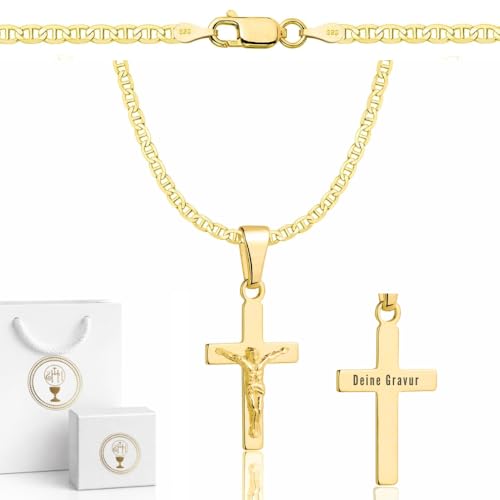 ZELYA Chaîne en or avec croix/médaillon - Chaîne 925/585 14K plaquée or pour filles & garçons – 45-60 cm Chaîne de communion avec croix, chaîne pour...