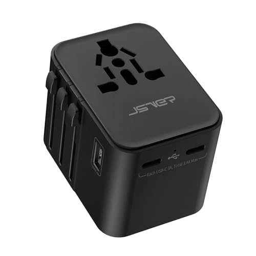 JSVER Adaptateur Prise Universelle, Adaptateur International de Voyage avec 2 Type C et 1 USB, Plug Adapter International Adaptateur Prise France vers UK, USA,Singapore, HK, Japon, Australie, Chine