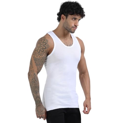 Image of Crystal Men's Super Combed Rib Cotton Round Neck Sleeveless Vest | Long Enough to Tuck in | Pack of 4