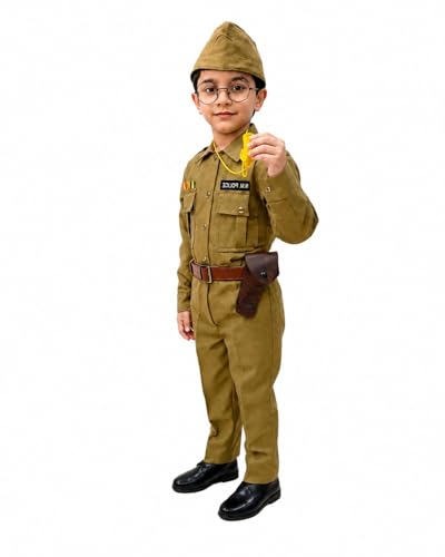 Image of BookMyCostume 8-Pcs Netaji Subhash Chandra Bose Indian National Leader Dress | Freedom Fighter Costume for Kids | Patriotic Independence Day, School Annual Function & Fancy Dress | Khaki 6-7 Years