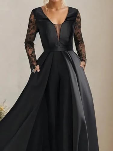 Jumpsuits Elegant Mother of The Bride Dress Formal Wedding Guest Dress Floor Length Long Sleeve Satin Lace 20244