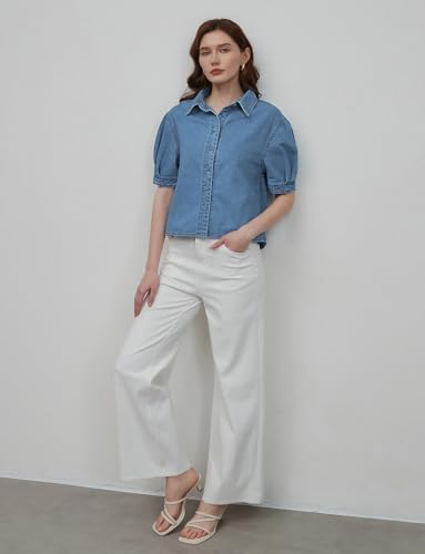 Denim Shirt Women Puff Sleeve Cropped Button Down Jean Tops Summer Business Casual Tops4