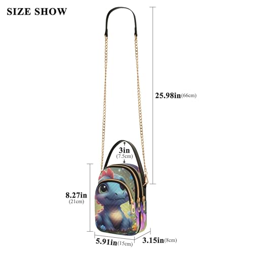 One Shoulder Purse Women Cute Cartoon Dinosaur Floral Quilted Phone Wallet Chain Strap Purse Cute Zipper Bowler Tote Ladies Satchel, 5.9" × 8.3" × 3.1"3
