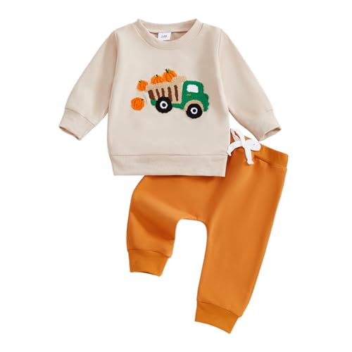 Toddler Baby Boy Halloween Outfit Truck Pumpkin Embroidered Long Sleeve Sweatshirt with Pants Fall Winter Clothes