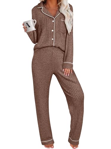 ANRABESS Women Pajama Lounge Sets 2025 Fall 2 Piece Outfits Ribbed Long Sleeve Matching PJ Set Sleepwear Loungewear