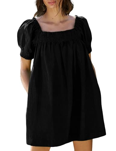 Image of Huaqiao Womens Summer Mini Dress 2026 A-Line Square Neck Puff Sleeve Beach Sundress Casual Short Dress with Pockets