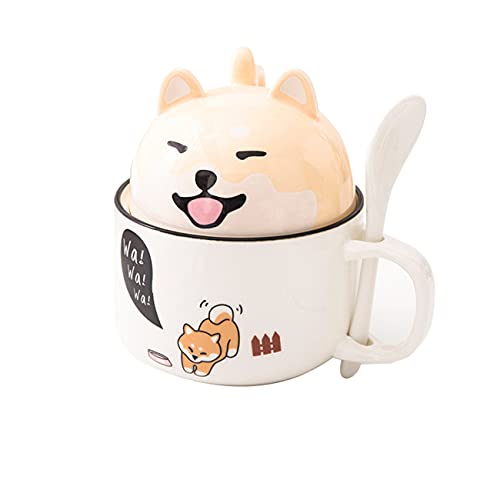 ZIYUEZIKUN Tasses à Café avec Couvercle et cuillère，Mignonne Animal Mug Café，Grande capacité Couple Tasse en céramique，Convient pour Le thé, Le café, Le Lait, Les jus de Fruits, etc-Shiba Inu