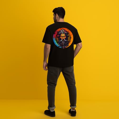 Image of prabhu bhakti Men's Oversized Aghori Printed Black Cotton T-Shirts | Round Neck Drop Shoulder Half Sleeve Black Casual T-Shirt for Men