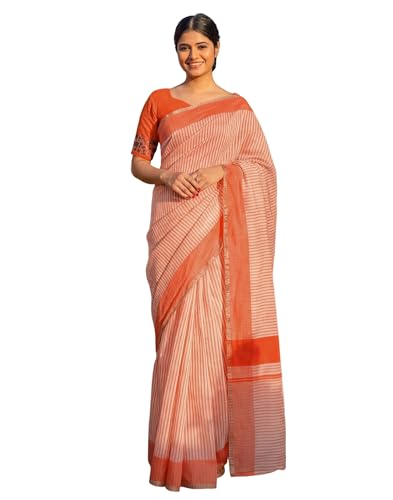 Image of SIRIL Women's Cotton Linen Printed, Zari Border One Minute Ready To Wear Saree With Unstitched Blouse Piece