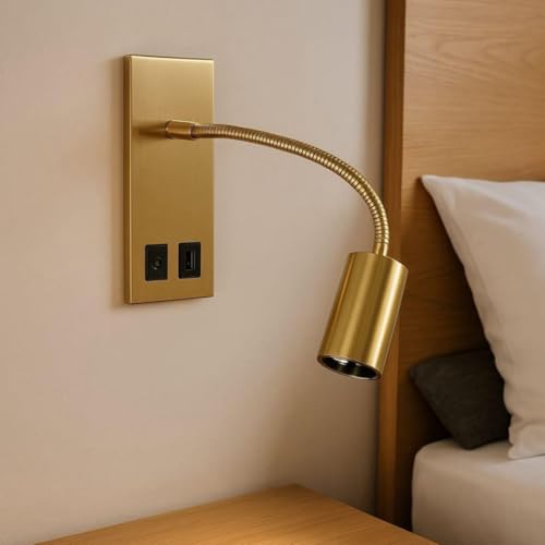 Image of LED Wall Mounted Gooseneck Reading Light with USB Port Adjustable Lamp with 3-Lighting Options for Bedroom & Study|Gold