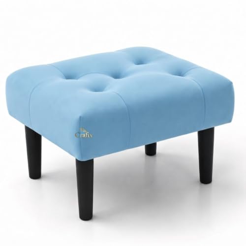 Image of Upholstered Foot Rest Ottoman Stool with Wooden Legs, Tufted Footstool for Living Room, Bedroom, Makeup Vanity, Entryway, Comfortable Footrest Bench, Modern Accent Ottoman (Sky)