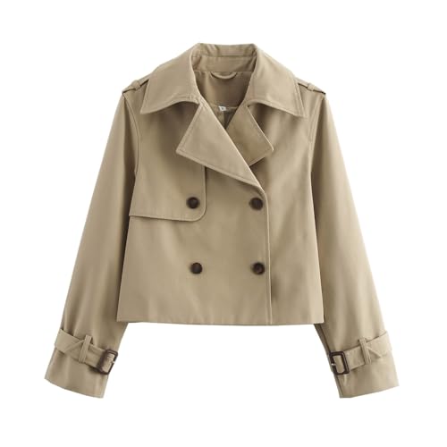 Cropped Trench Coat for Women, Double Breasted Notched Lapel Casual Loose Fit Jackets Cropped Jacket Fashion Outerwear