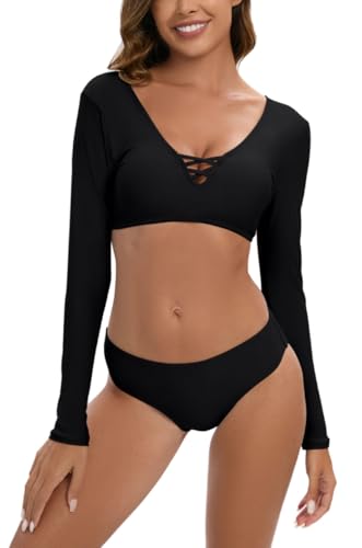 LafyKoly Women's Long Sleeve Rash Guard Print Athletic Swimsuit Outdoor Sport Tankini Sets