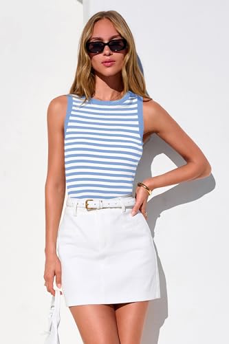 Image of PRETTYGARDEN Summer High Neck Striped Tank Tops for Women Casual Sleeveless Sweaters Basic Ribbed Knit Slim Fitted Shirts