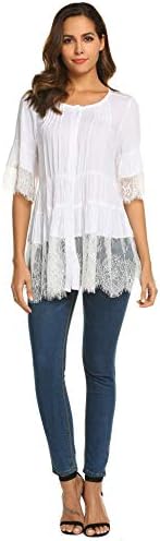 SUNAELIA Women's Summer Casual Boho Lace Blouse Top Tunic with 3/4 Sleeve White，Large