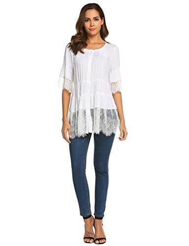 SUNAELIA Women's Summer Casual Boho Lace Blouse Top Tunic with 3/4 Sleeve White，Large