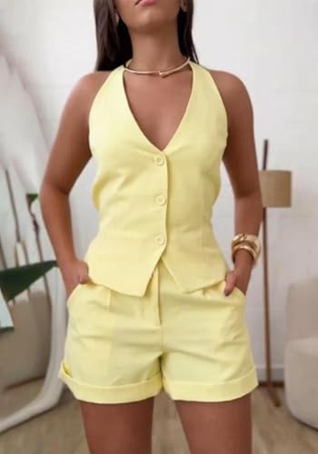 Tcremisa Womens 2 Pieces Outfits Casual Button Down Blazers Vest with Shorts Set Office Business Suits4