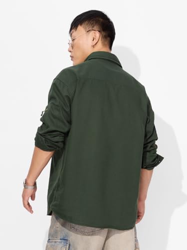Image of The Souled Store Official Top Gun: Flight Crew Men and Boys Long Sleeves Collared Neck Button Front Green Patch Embroidery Regular Fit Cotton Shirts