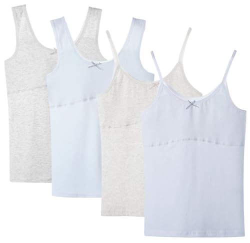 Amuhou Teen Girls Camisole, Original Cotton Lining Undershirts Training Bras (7-9 Years, White,Gray,White,Gray)