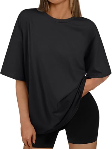 AUTOMET Womens Oversized T Shirts Workout Plus Size Short Sleeve Tops Casual Loose Basic Tees Summer Trendy Outfits 2025 Black L