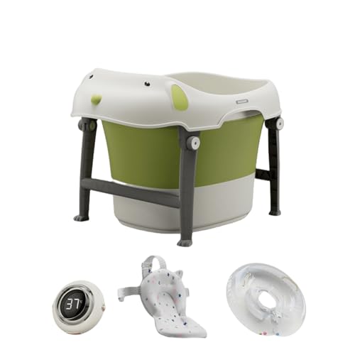 Youluck かわいい子供用折りたたみバスタブ - 大容量バスタブ、ベビーバスバケツ、新生児バスタブ (コーヒー色)【並行輸入品】 (グリーン,単独浴場+水温計+バスマット+浮き輪)