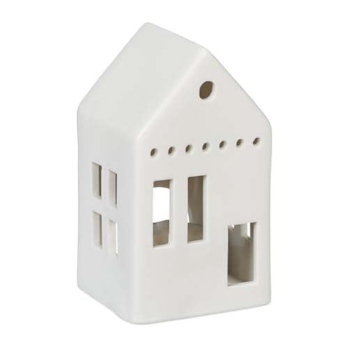 Relaxdays Casita Portavelas de Cerámica, Casa de Luz para 1 Vela de Té, 12 x 7 x 6 cm, Portacandelitas, Blanco
