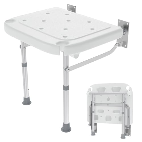 Suusolny Duschklappsitz Für Wandmontage Duschsitz Duschstuhl Faltbarer Sitz Höhenverstellbar, Anti-Rutsch-Füße, mit Duschhalterung Platzsparender Badesitz für Senioren bis 200KG