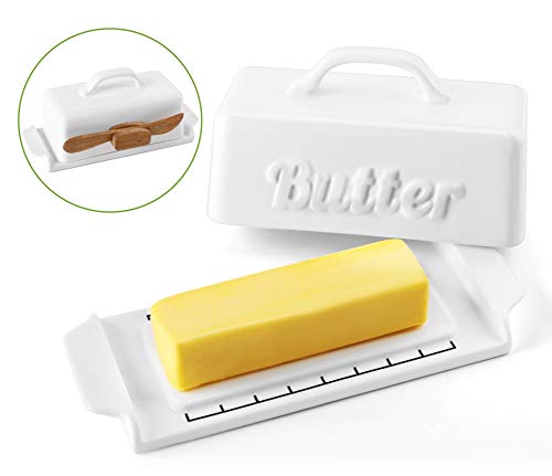 DOWAN Butter Dish with Lid, Porcelain Butter Container with Wooden Knife, Mini Butter