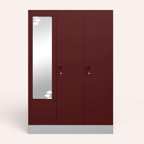 Image of Interio by Godrej Almirah Slimline 3-Door Steel Almirah, Cupboard for Clothes (Russet), 1-Year Warranty, 7 Shelves, 1 Locker, Star Design Mirror