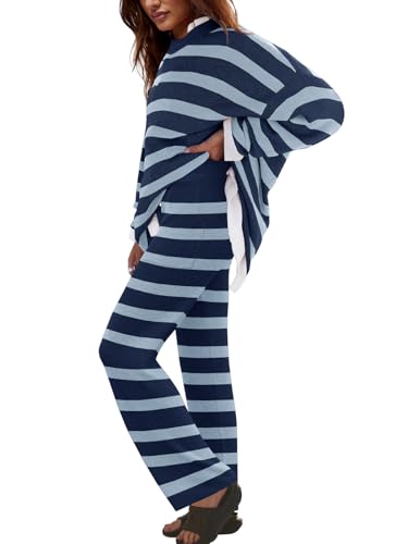 Image of LAMISSCHE Oversized Womens Lounge Set Striped Sweater Set Long Sleeve 2 Piece Pajama Set Top and Pants with Pockets