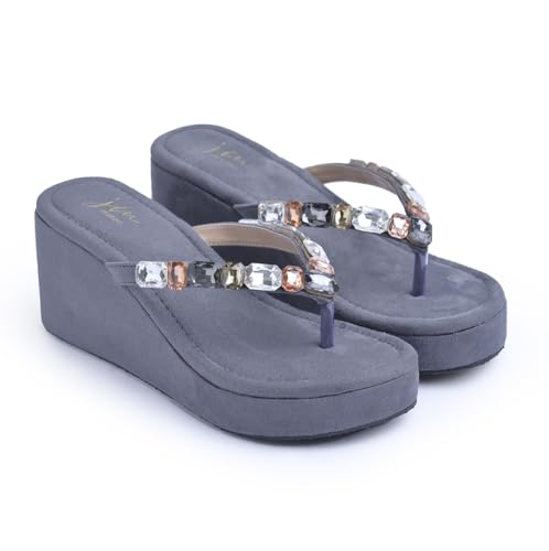 Image of JM LOOKS Women's Rhinestone Sandals High | Low Platform T-Strap Jewel Sandals High Wedge Flip Flops Sandal Summer Beach Sandal