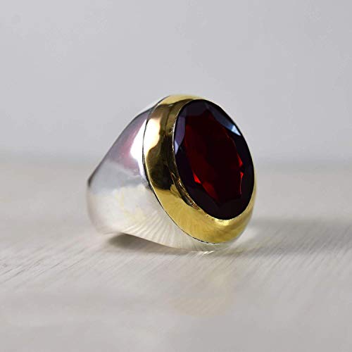 garnet ring, two tone ring, 925 sterling silver, garnet mans ring, gemstone man ring, handmade jewelry, birthstone of january, healing power ring, statement ring, metaphysical ring, birthday gift ring