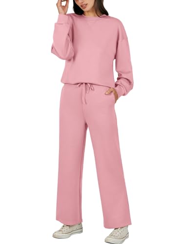 Caracilia Women's Two Piece Outfits Sweatsuit Crewneck Sweatshirts Wide Leg