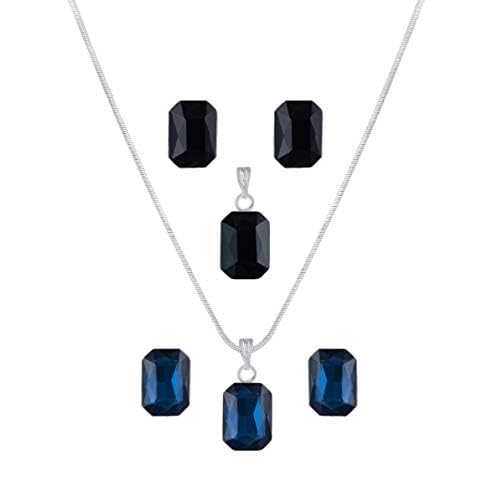 JFL – Jewellery for Less Fashion Combo Silver Plated Rectangular Crystal Pendant with Silver Chain and Earrings (Blue, Black)
