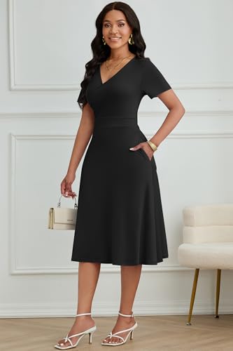 Image of Nmoder Casual Wrap Midi Dresses for Women Wedding Guest Cocktail Tea A-Line Swing Dresses V Neck Short Sleeve with Pockets Black L