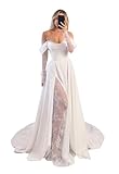 TANPAUL Damen Schulterfreies Satin Brautkleid Prinzessin Spitze Hochzeitskleider Langarm A Linien Korsett Standesamt Brautkleider mit Schleppe Weiß 40