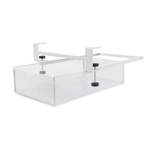 Cajón bajo escritorio metálico sin taladro para almacenaje bajo mesa, estante bandeja cesta para hogar y oficina, blanco, pequeño sin rejilla para escritorios miniatura 6