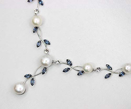 Faship Gorgeous Navy Blue Cz Crystal Genuine Freshwater Pearls Floral Necklace Earrings Set - Navy Blue #TOP3